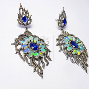 Beautiful Designed Kyanite And Opal Pave Diamond Earring Sterling Silver Earring Pave Diamond Silver Earring 925 Sterling Diamond Earring