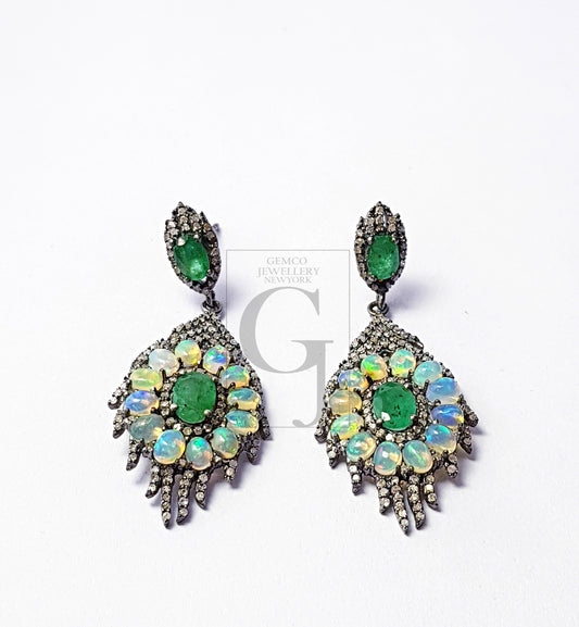Beautiful Designed Opal And Emerald Pave Diamond Earring  Sterling Silver Earring Pave Diamond Silver Earring 925 Sterling Diamond Earring