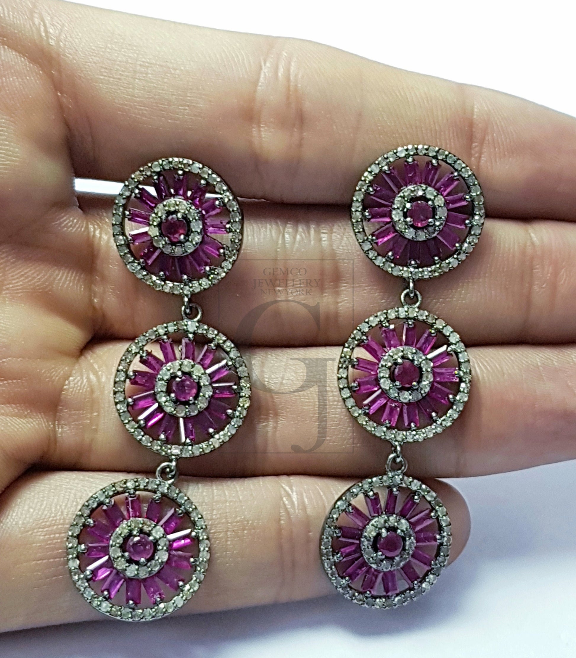 Very Beautiful Designed Baguettes Ruby Stoned Pave Diamond Earring Sterling Silver Earrings Pave Diamond Silver Earring 925 Sterling Diamond Earring