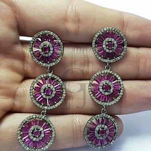 Very Beautiful Designed Baguettes Ruby Stoned Pave Diamond Earring Sterling Silver Earrings Pave Diamond Silver Earring 925 Sterling Diamond Earring