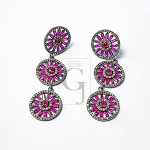 Very Beautiful Designed Baguettes Ruby Stoned Pave Diamond Earring Sterling Silver Earrings Pave Diamond Silver Earring 925 Sterling Diamond Earring