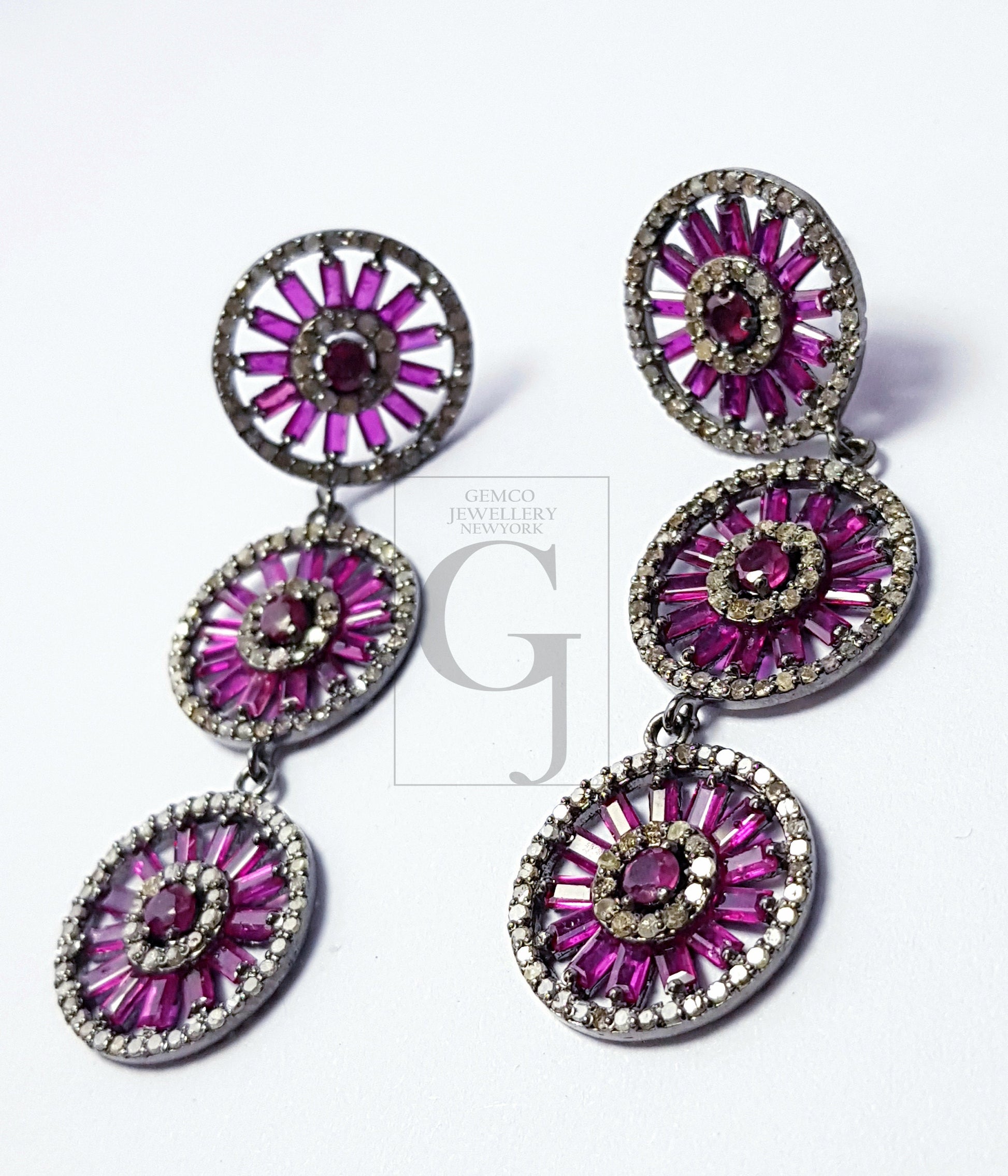 Very Beautiful Designed Baguettes Ruby Stoned Pave Diamond Earring Sterling Silver Earrings Pave Diamond Silver Earring 925 Sterling Diamond Earring