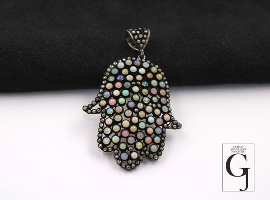 Very beautiful opal designer hamsa pendant Rosecut pave diamond pendant 925 sterling silver handmade finish diamond jewelry necklace pendant
