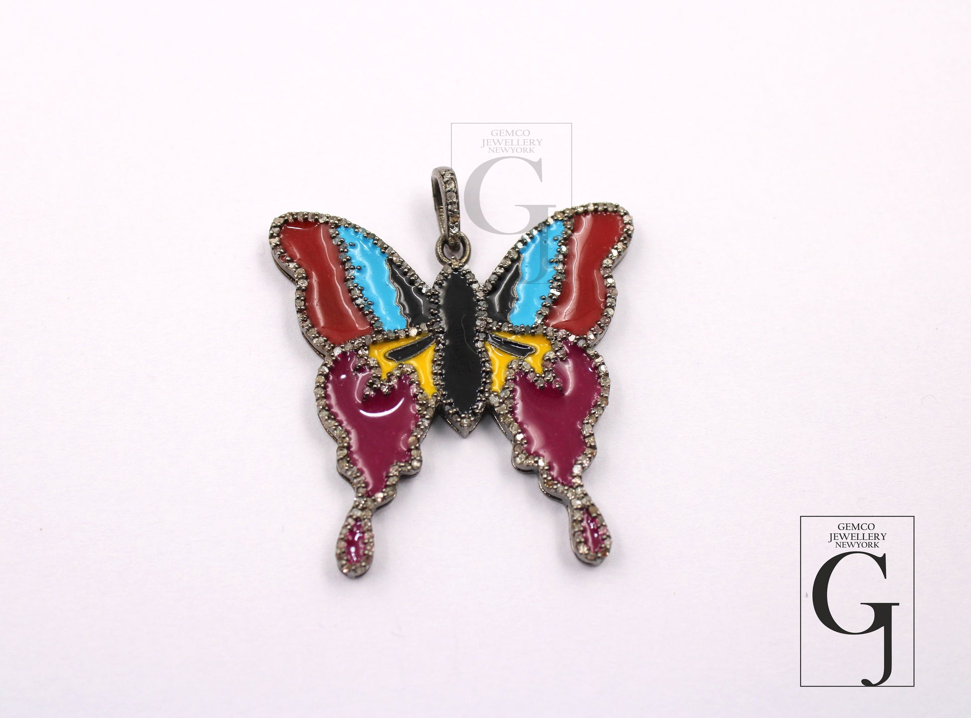 Very Beautiful Enameling Butterfly Pendant Rosecut Pave Diamond Pendant 925 Sterling Silver Handmade Finish Diamond Jewelry Necklace Pendant