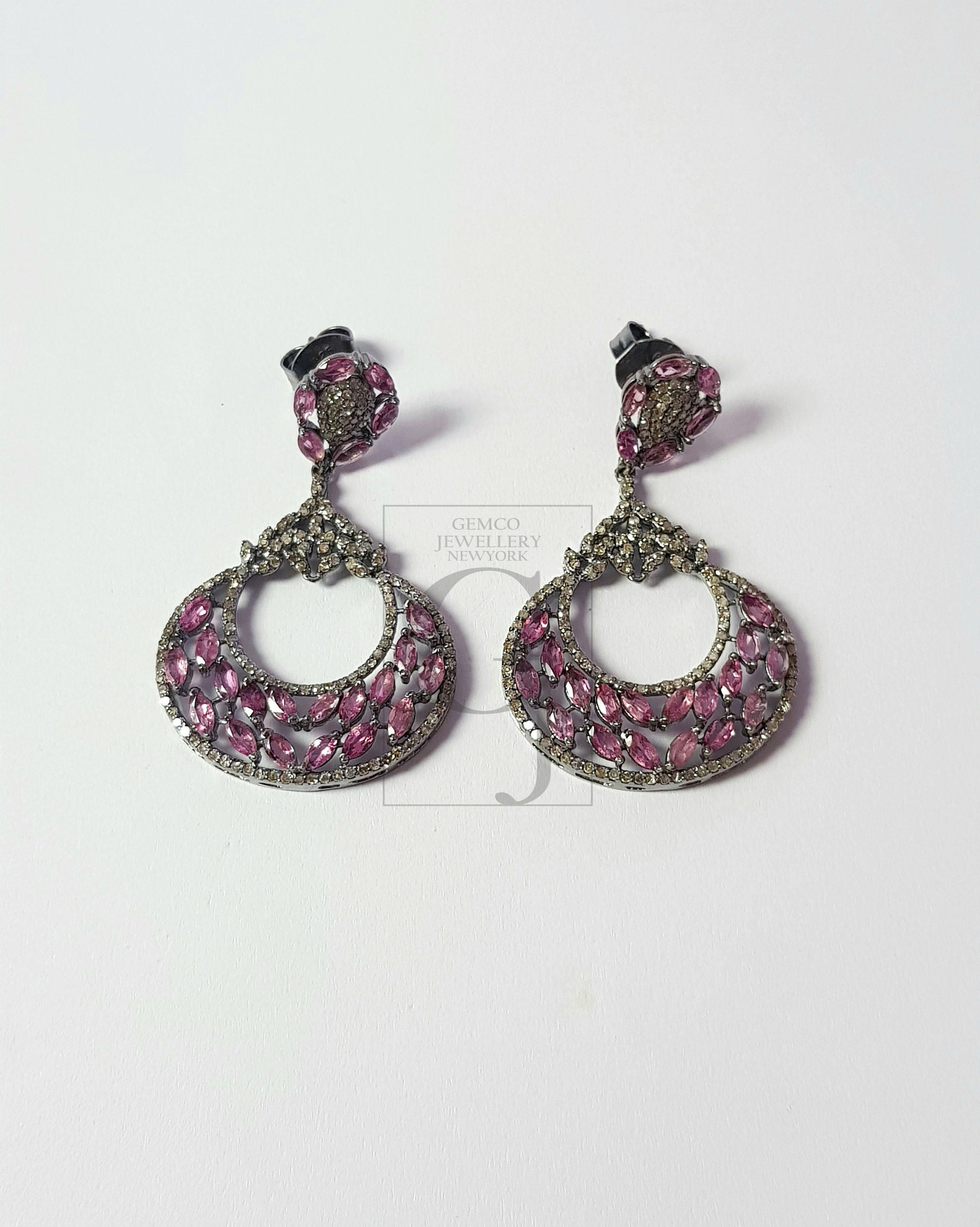 Very beautiful light oxidized ruby designer Rosecut pave diamond earrings 925 sterling silver handmade silver finish diamond earrings