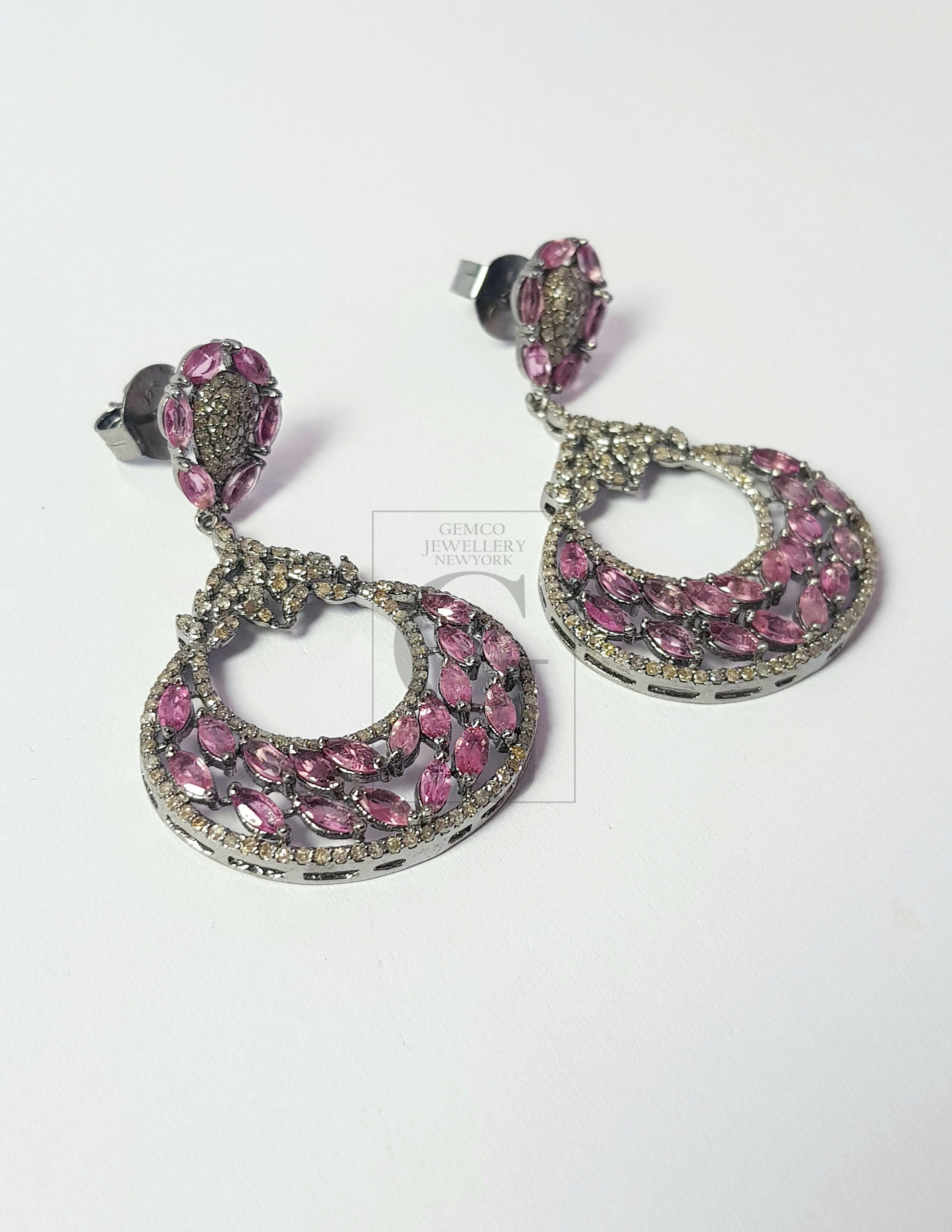 Very beautiful light oxidized ruby designer Rosecut pave diamond earrings 925 sterling silver handmade silver finish diamond earrings