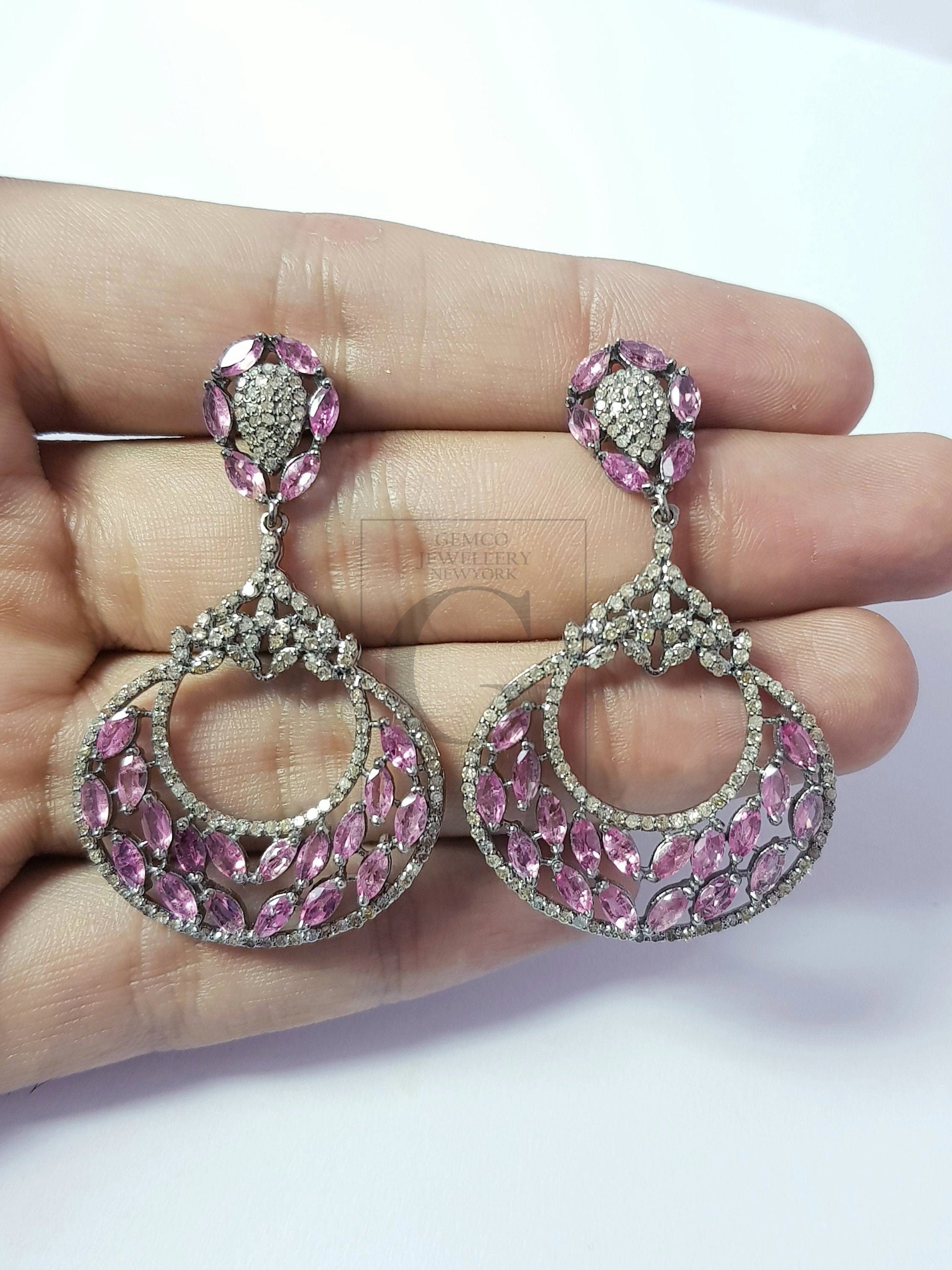 Very beautiful light oxidized ruby designer Rosecut pave diamond earrings 925 sterling silver handmade silver finish diamond earrings