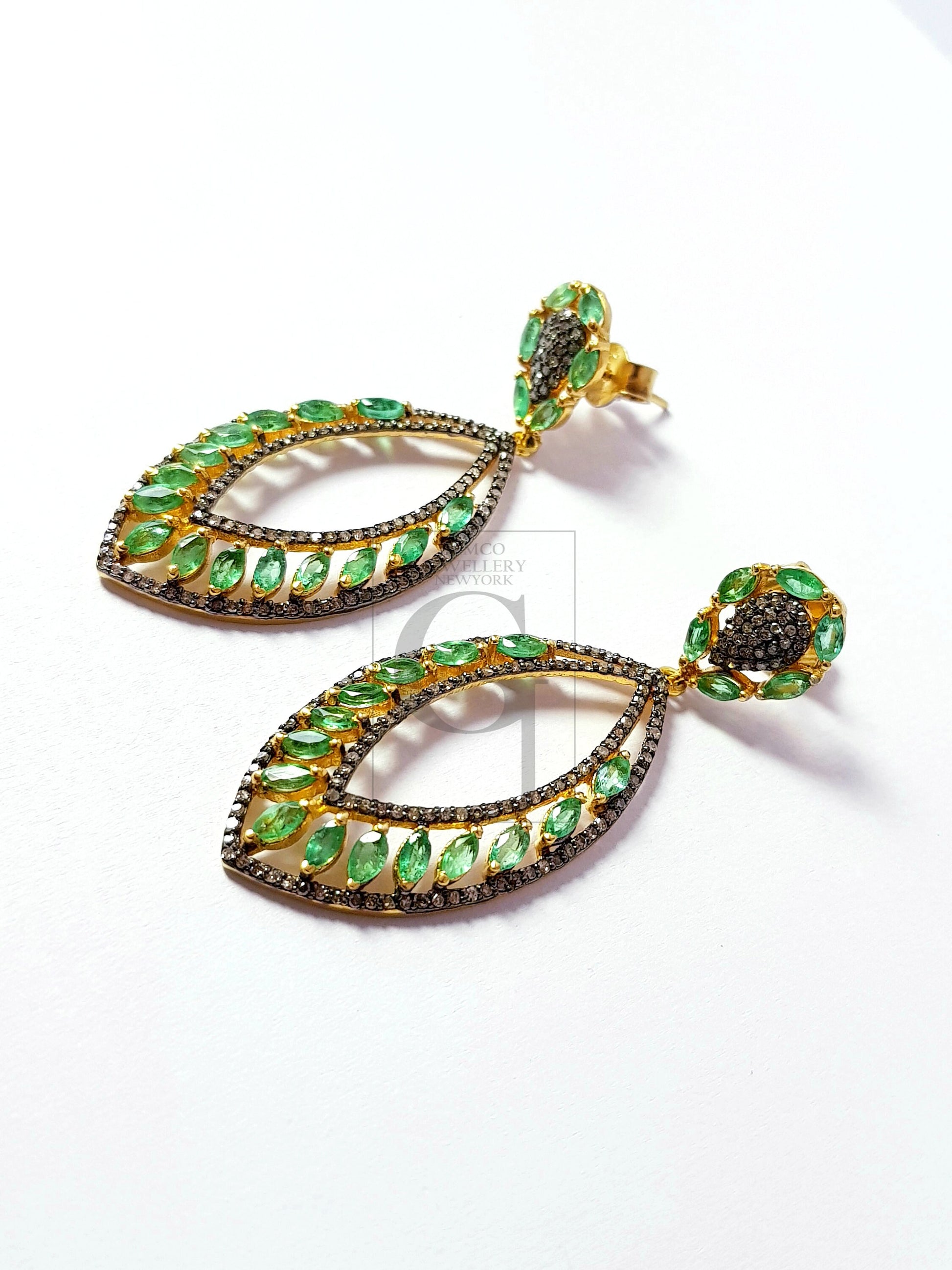 Very beautiful Vermail gold emerald designer Rosecut pave diamond earrings 925 sterling silver handmade silver finish diamond earrings