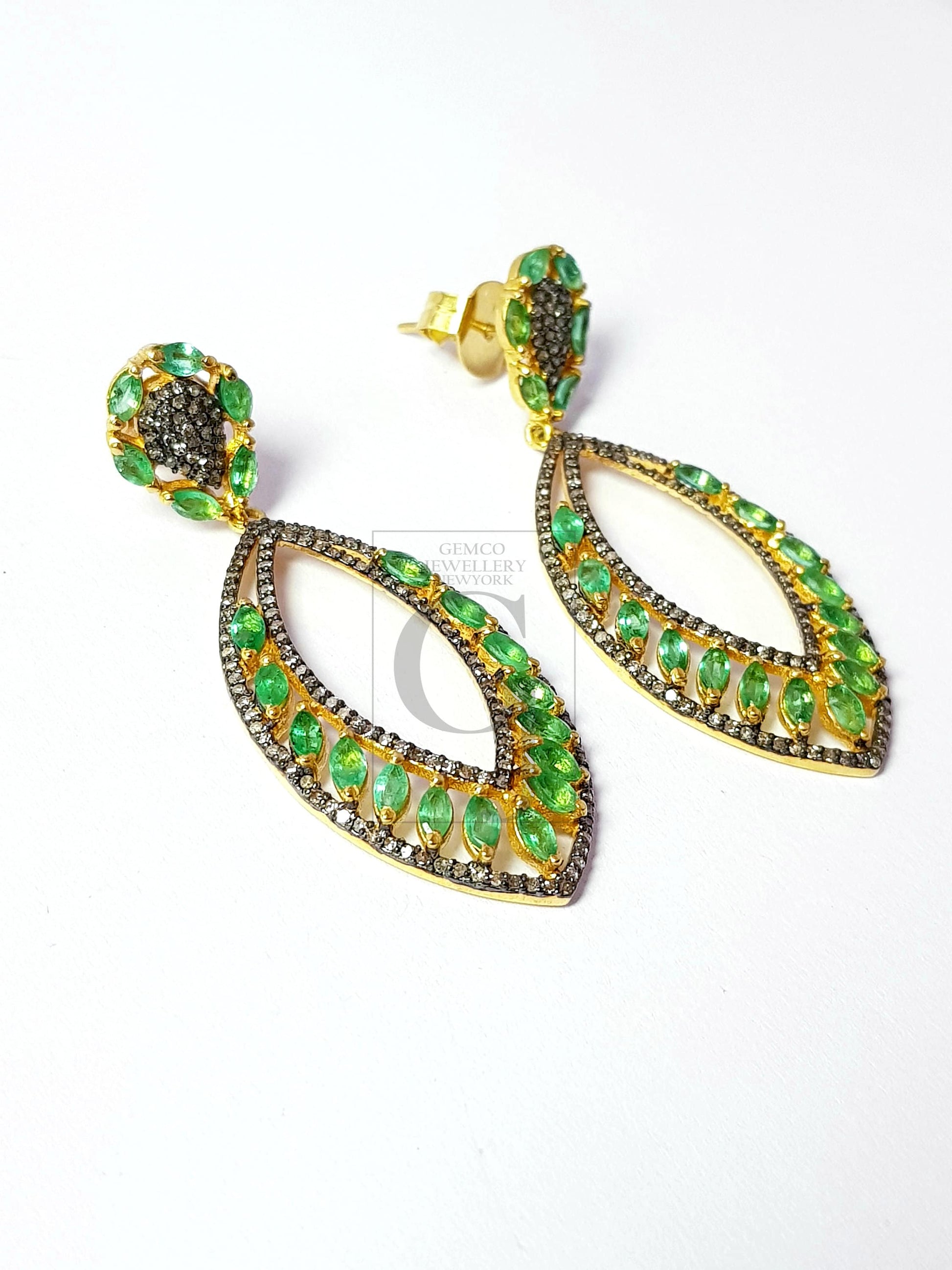 Very beautiful Vermail gold emerald designer Rosecut pave diamond earrings 925 sterling silver handmade silver finish diamond earrings