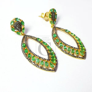 Very beautiful Vermail gold emerald designer Rosecut pave diamond earrings 925 sterling silver handmade silver finish diamond earrings