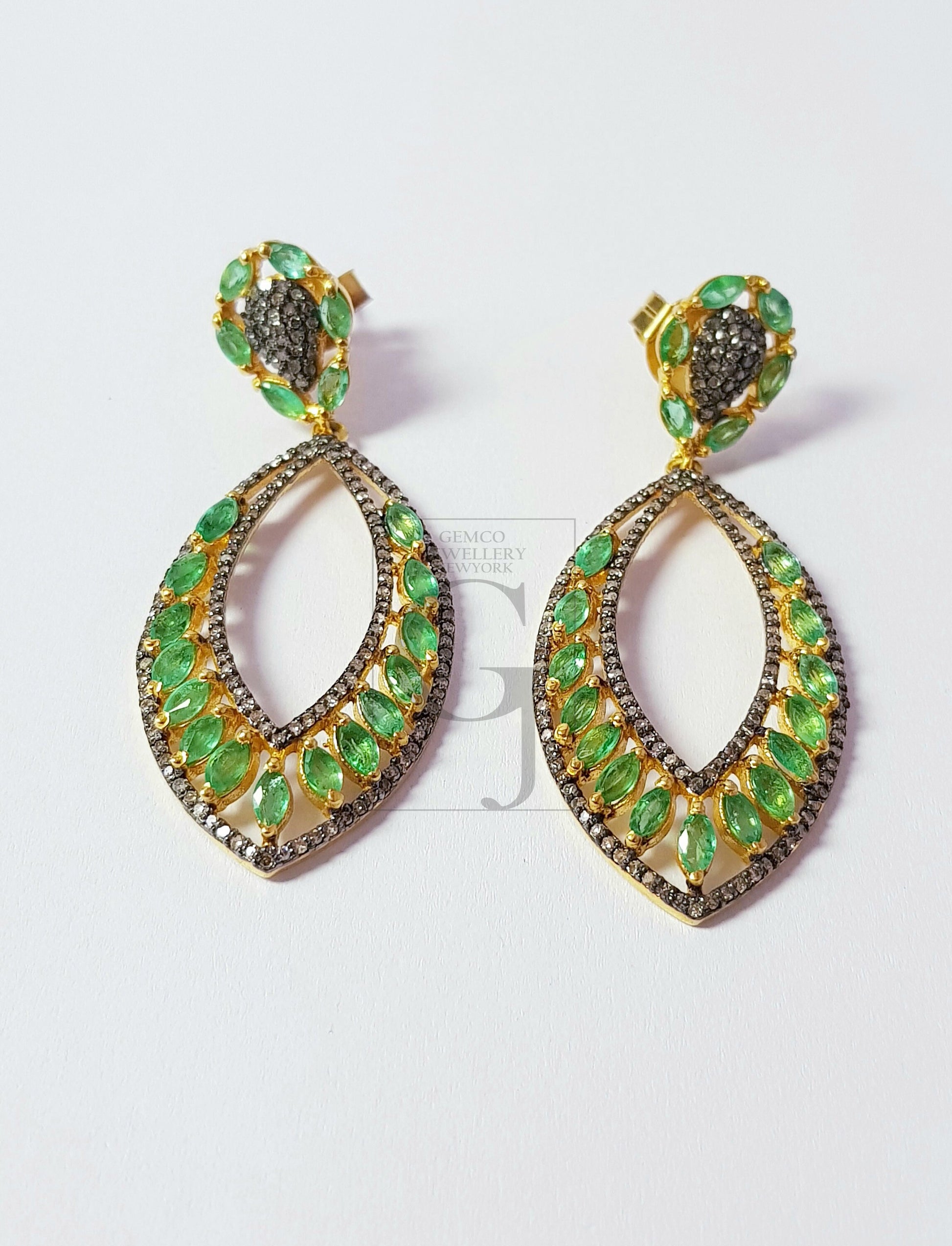 Very beautiful Vermail gold emerald designer Rosecut pave diamond earrings 925 sterling silver handmade silver finish diamond earrings