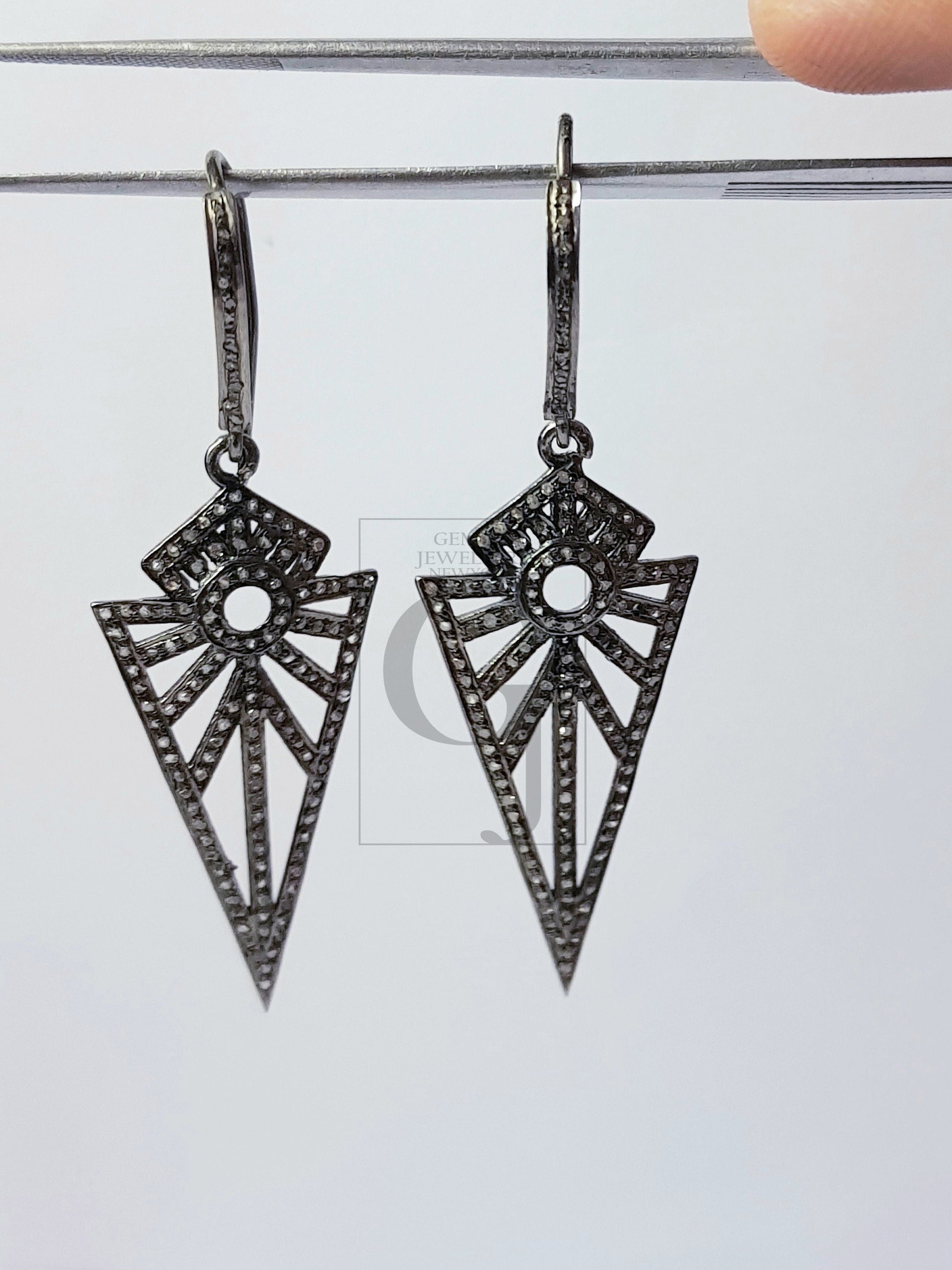 Antique look oxidized Arrow head designer earrings Rosecut pave diamond earrings 925 sterling silver handmade silver finish diamond earrings