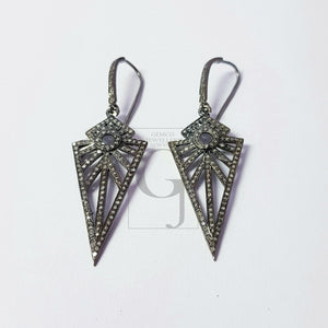 Antique look oxidized Arrow head designer earrings Rosecut pave diamond earrings 925 sterling silver handmade silver finish diamond earrings