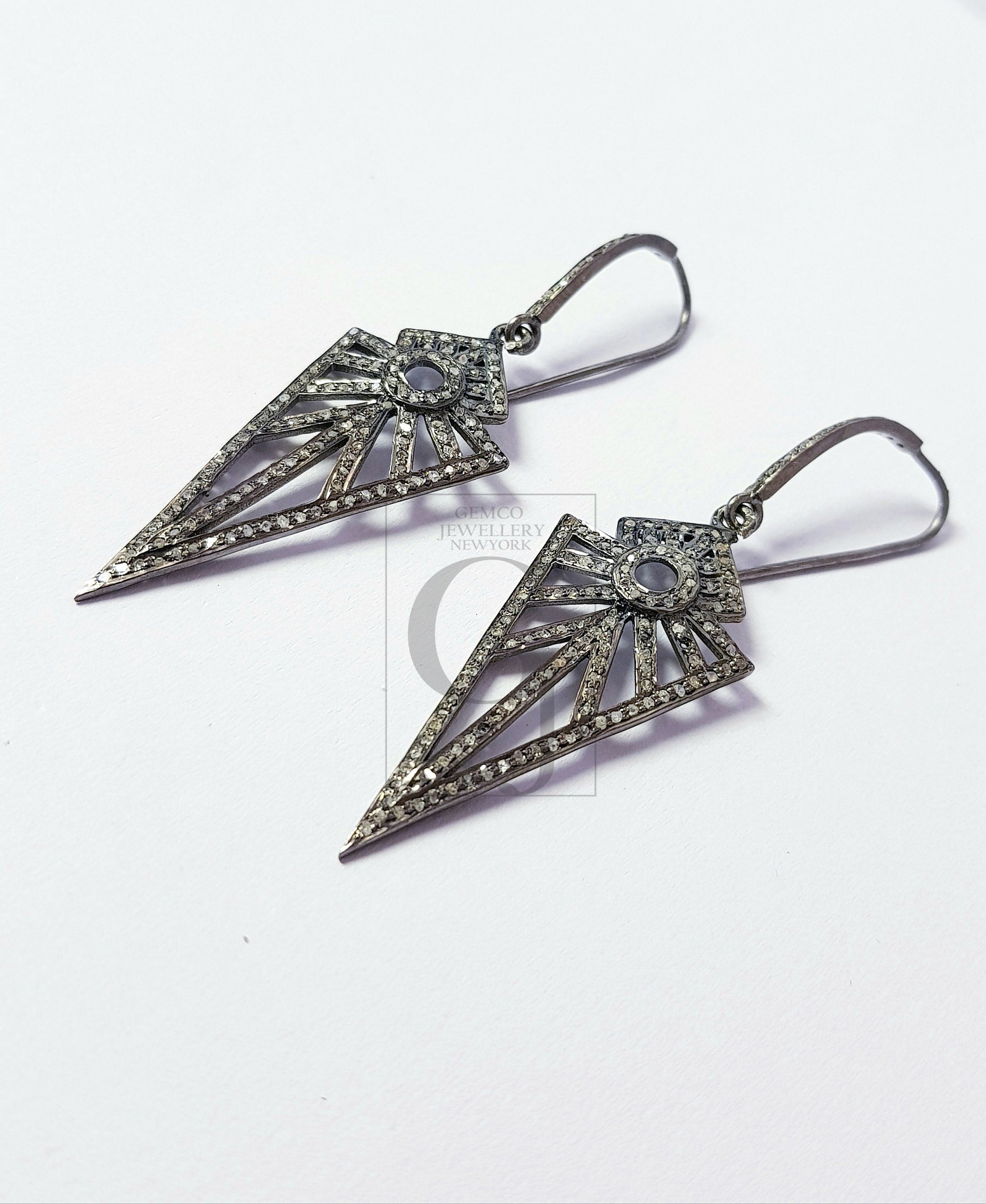 Antique look oxidized Arrow head designer earrings Rosecut pave diamond earrings 925 sterling silver handmade silver finish diamond earrings