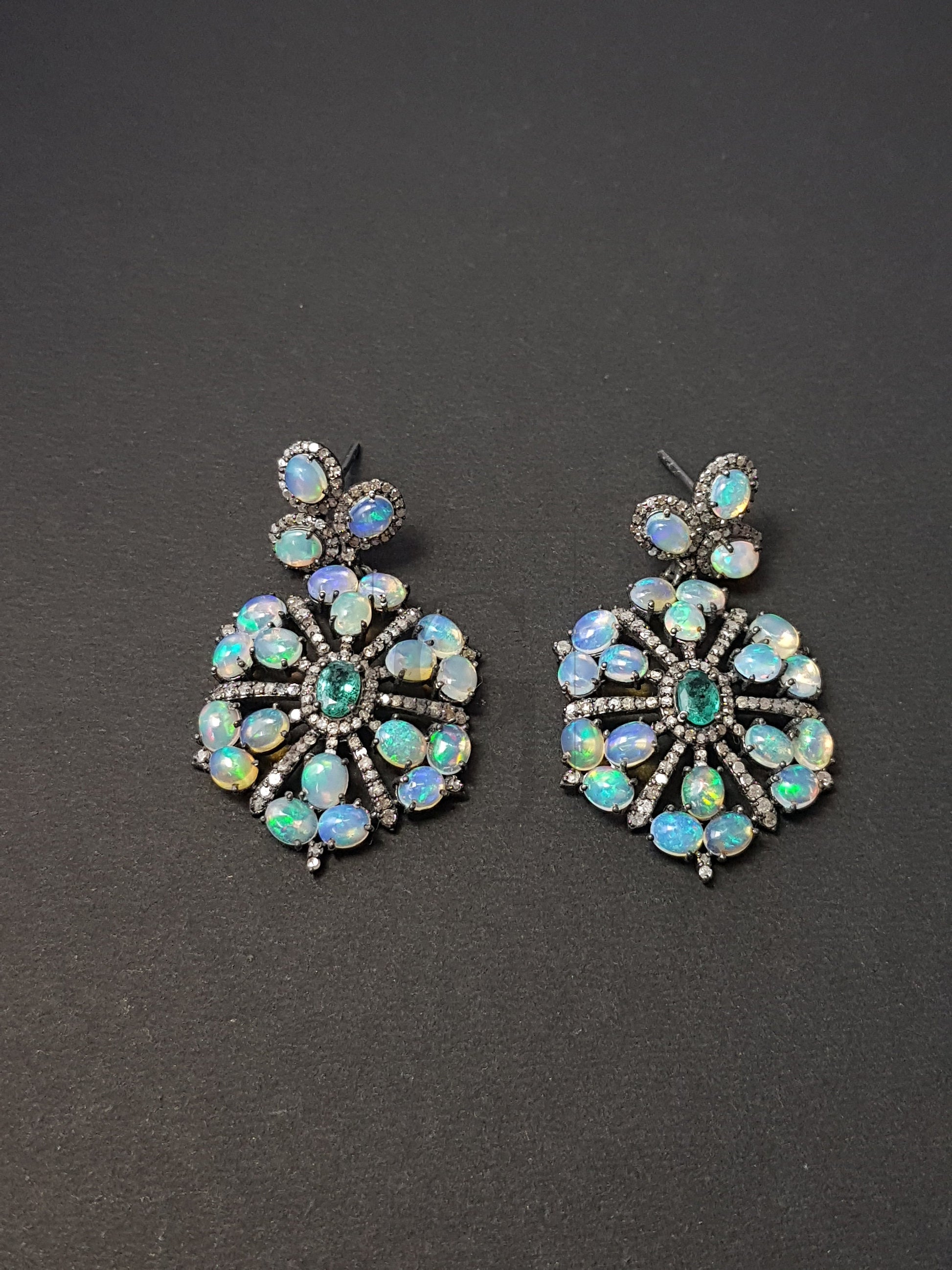 Beautiful Opal And Emerald Stone Design Pave Rosecut Diamond 925 Sterling Silver Handmade Pave Diamond Earring Sterling
