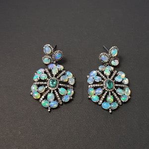 Beautiful Opal And Emerald Stone Design Pave Rosecut Diamond 925 Sterling Silver Handmade Pave Diamond Earring Sterling