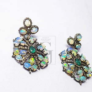 Beautiful Opal And Emerald Stone Design Pave Rosecut Diamond 925 Sterling Silver Handmade Pave Diamond Earring Sterling