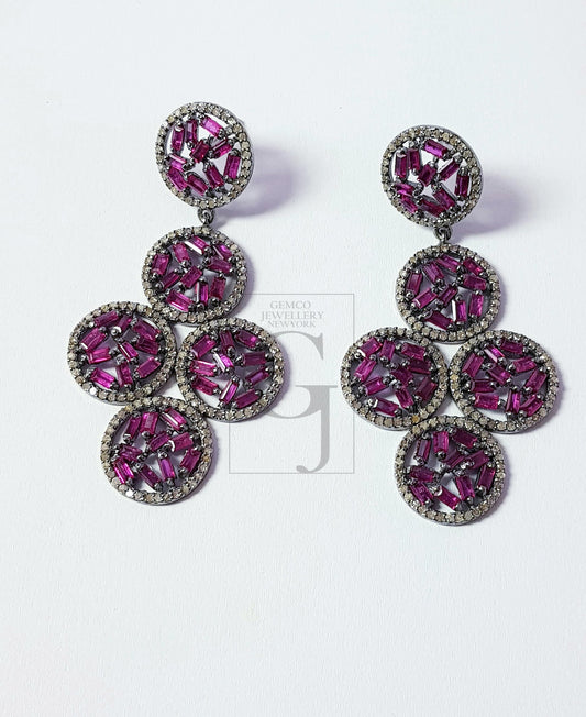 Beautiful Ruby Buggets Designer Earrings Rosecut Pave Diamond Earrings 925 Sterling Silver Handmade Silver Finish Diamond Earrings