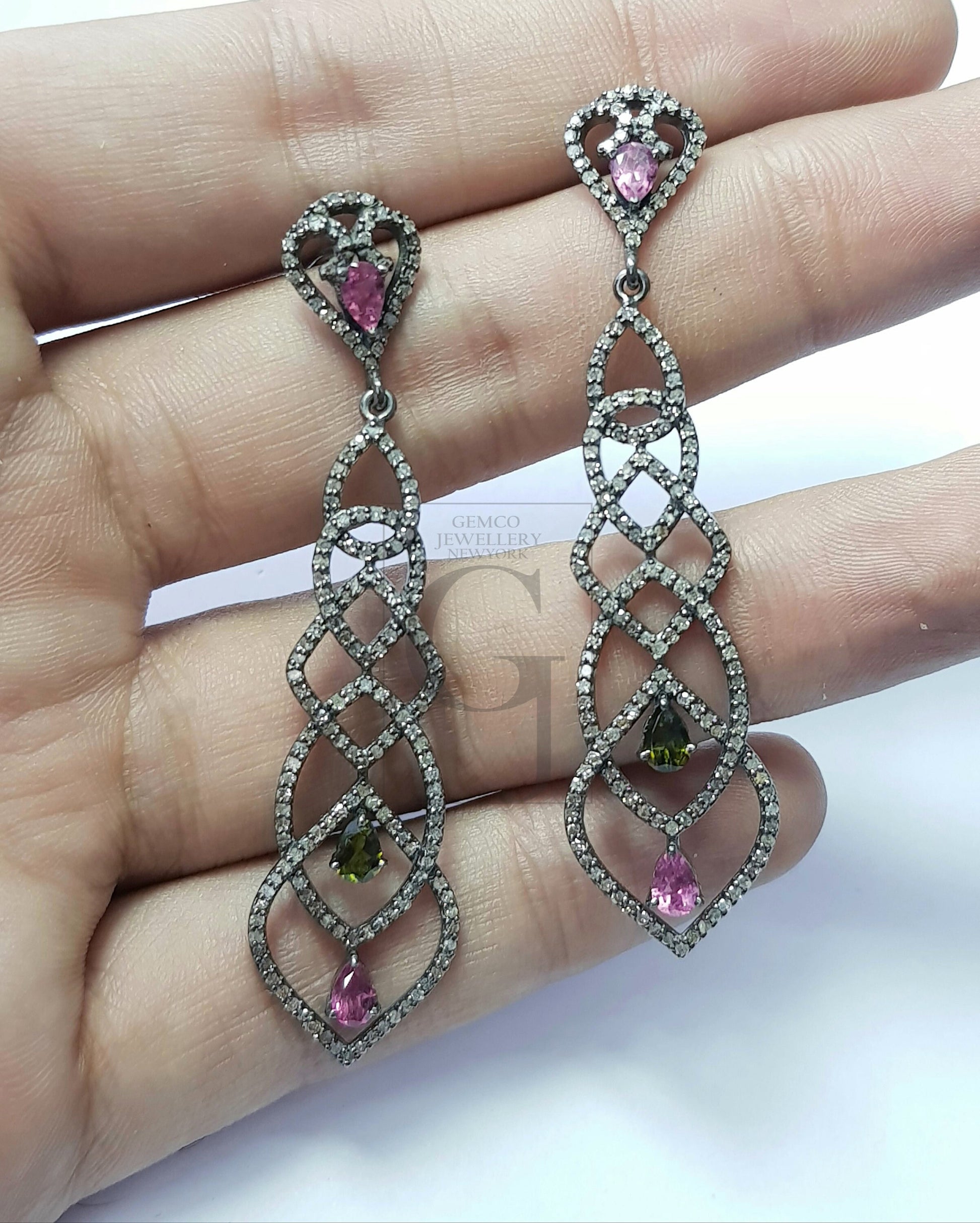 Tourmaline beautiful earring  Rosecut pave diamond earrings 925 sterling silver handmade silver finish diamond earrings