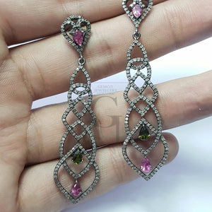 Tourmaline beautiful earring  Rosecut pave diamond earrings 925 sterling silver handmade silver finish diamond earrings