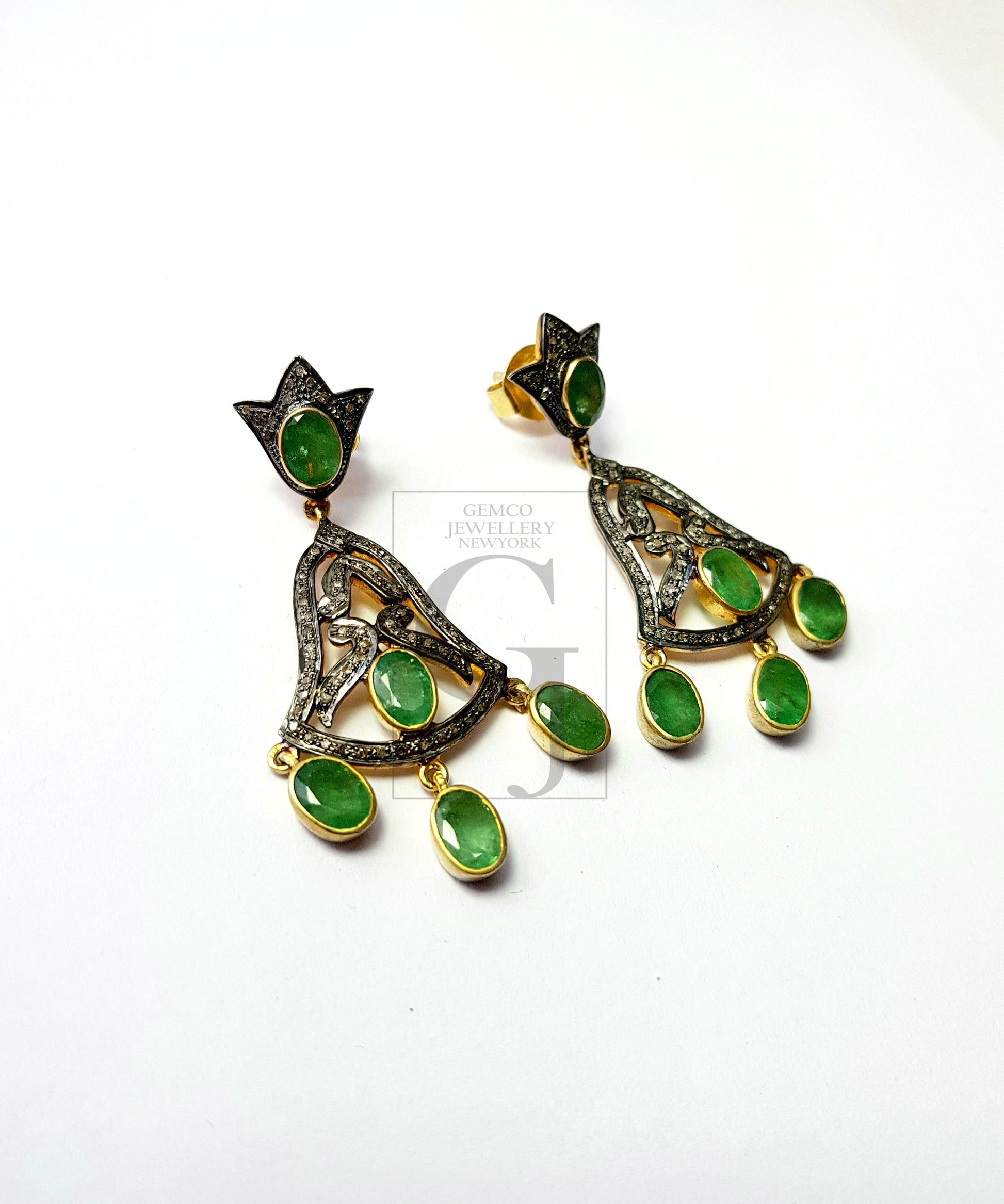 Antiquelook Emerald Vermail Gold Designer Earrings Rosecut Pave Diamond Earrings 925 Sterling Silver Handmade Silver Finish Diamond Earrings