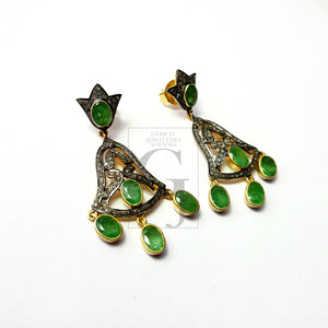 Antiquelook Emerald Vermail Gold Designer Earrings Rosecut Pave Diamond Earrings 925 Sterling Silver Handmade Silver Finish Diamond Earrings