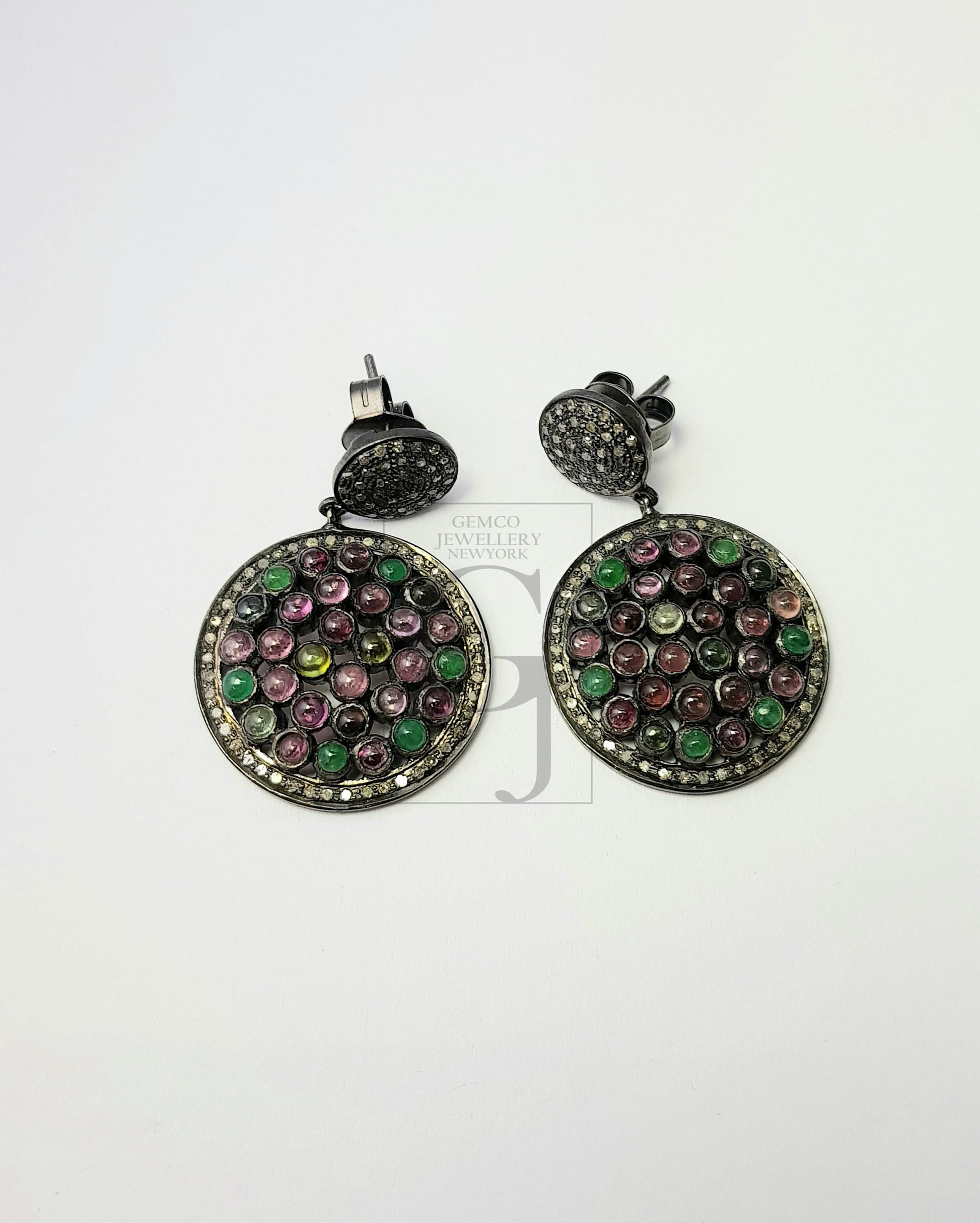 Multi colored Tourmaline stone designer earrings Rosecut pave diamond earrings 925 sterling silver handmade silver finish diamond earrings