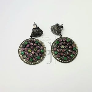 Multi colored Tourmaline stone designer earrings Rosecut pave diamond earrings 925 sterling silver handmade silver finish diamond earrings