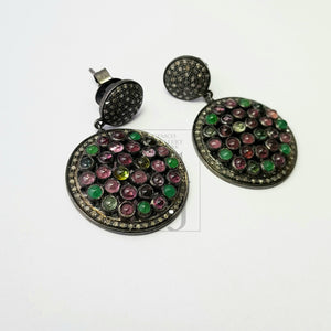 Multi colored Tourmaline stone designer earrings Rosecut pave diamond earrings 925 sterling silver handmade silver finish diamond earrings