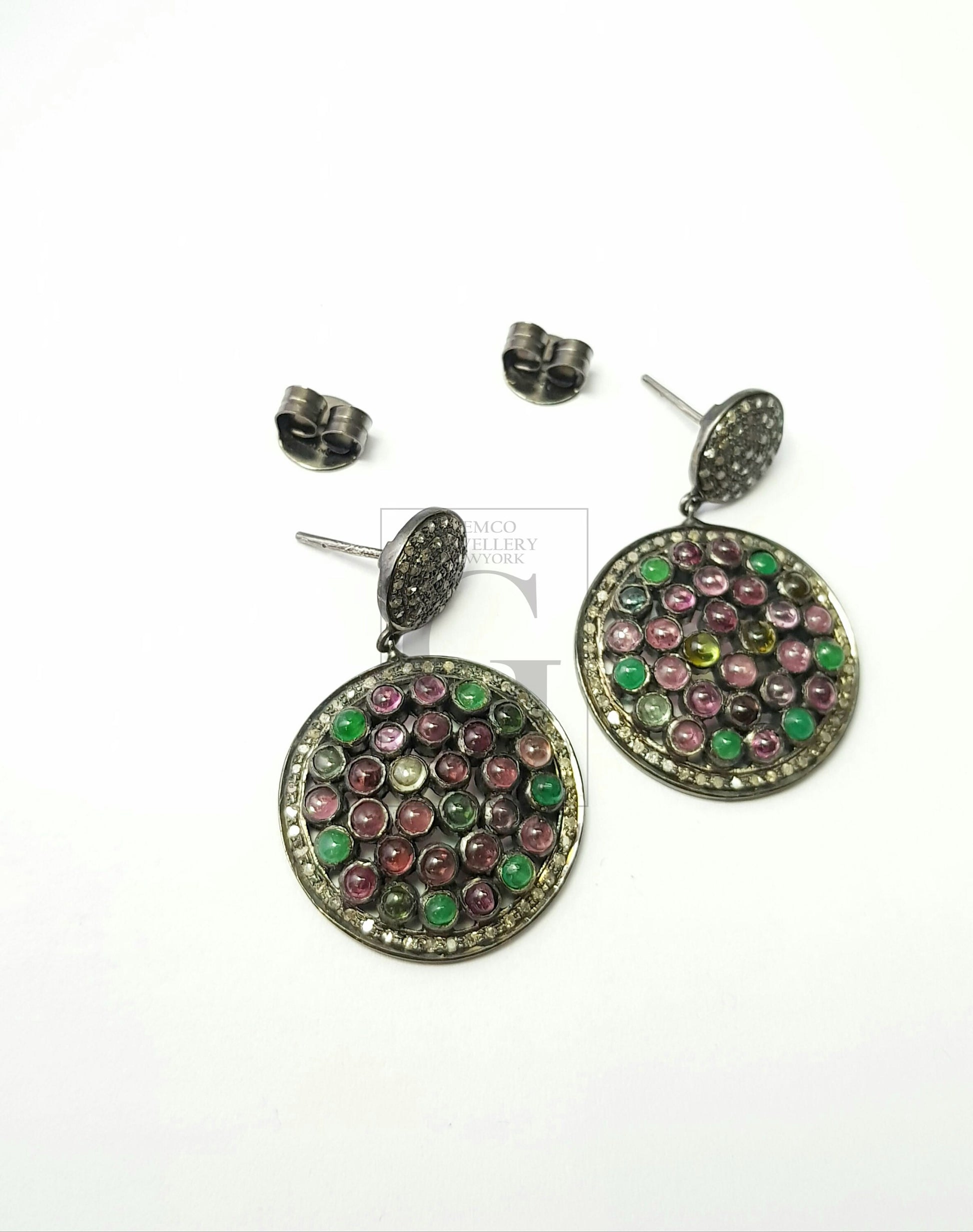 Multi colored Tourmaline stone designer earrings Rosecut pave diamond earrings 925 sterling silver handmade silver finish diamond earrings