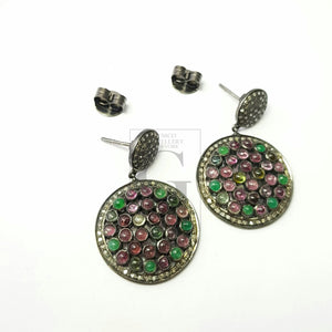 Multi colored Tourmaline stone designer earrings Rosecut pave diamond earrings 925 sterling silver handmade silver finish diamond earrings