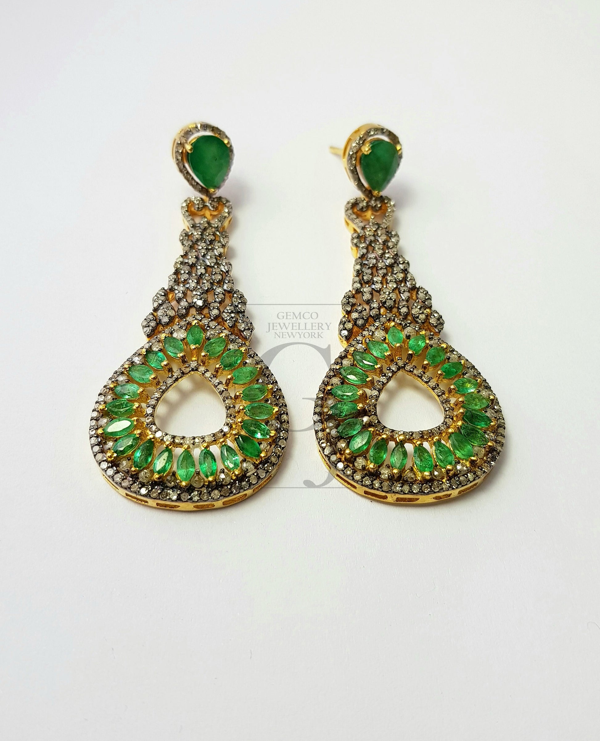 Fashionable natural AAA quality emerald vermail gold designer earring, Rosecut pave diamond 925 sterling silver handmade diamond earring