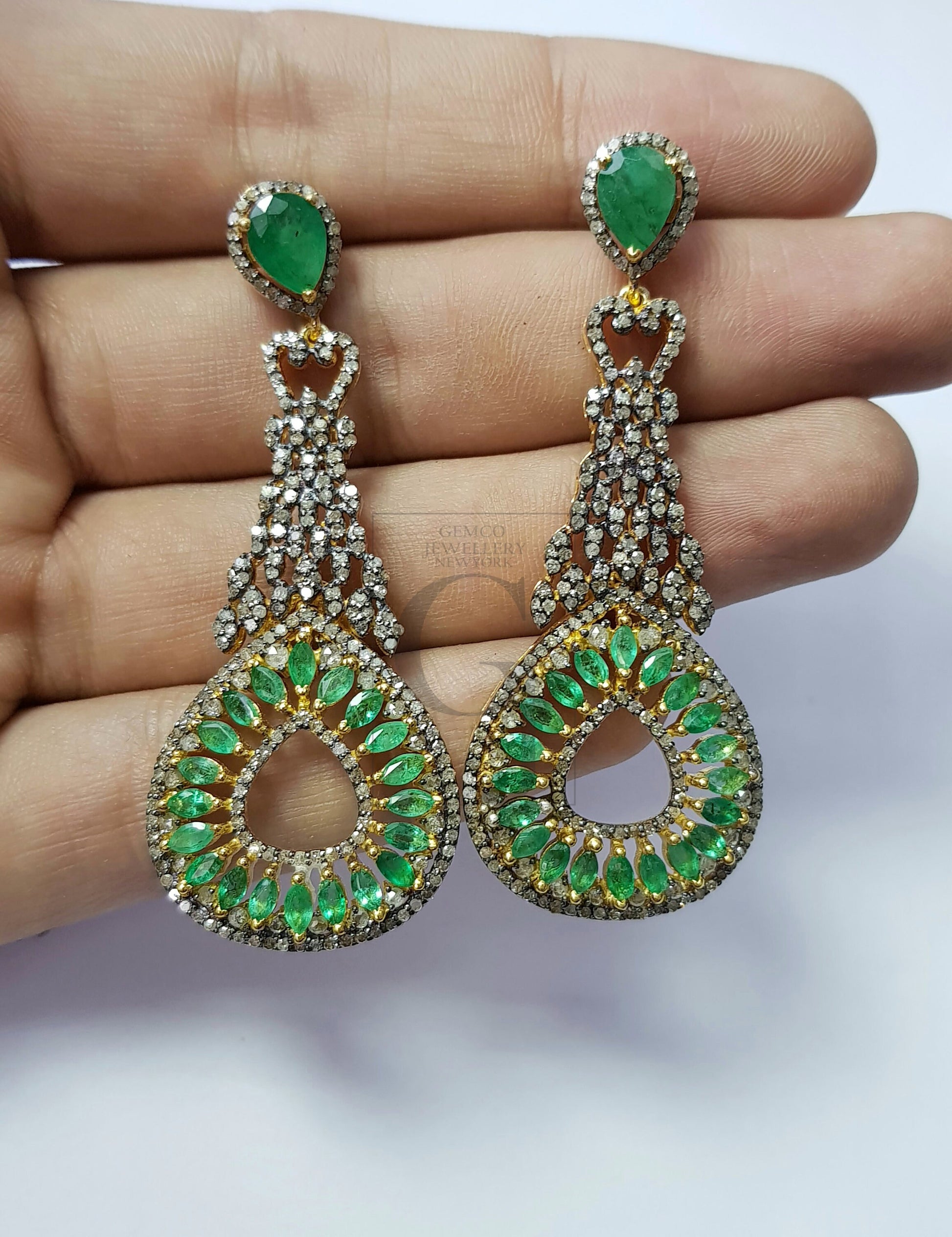 Fashionable natural AAA quality emerald vermail gold designer earring, Rosecut pave diamond 925 sterling silver handmade diamond earring