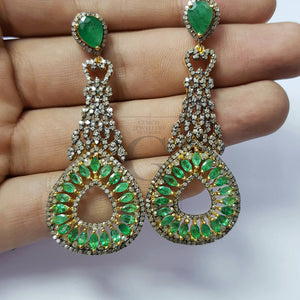 Fashionable natural AAA quality emerald vermail gold designer earring, Rosecut pave diamond 925 sterling silver handmade diamond earring