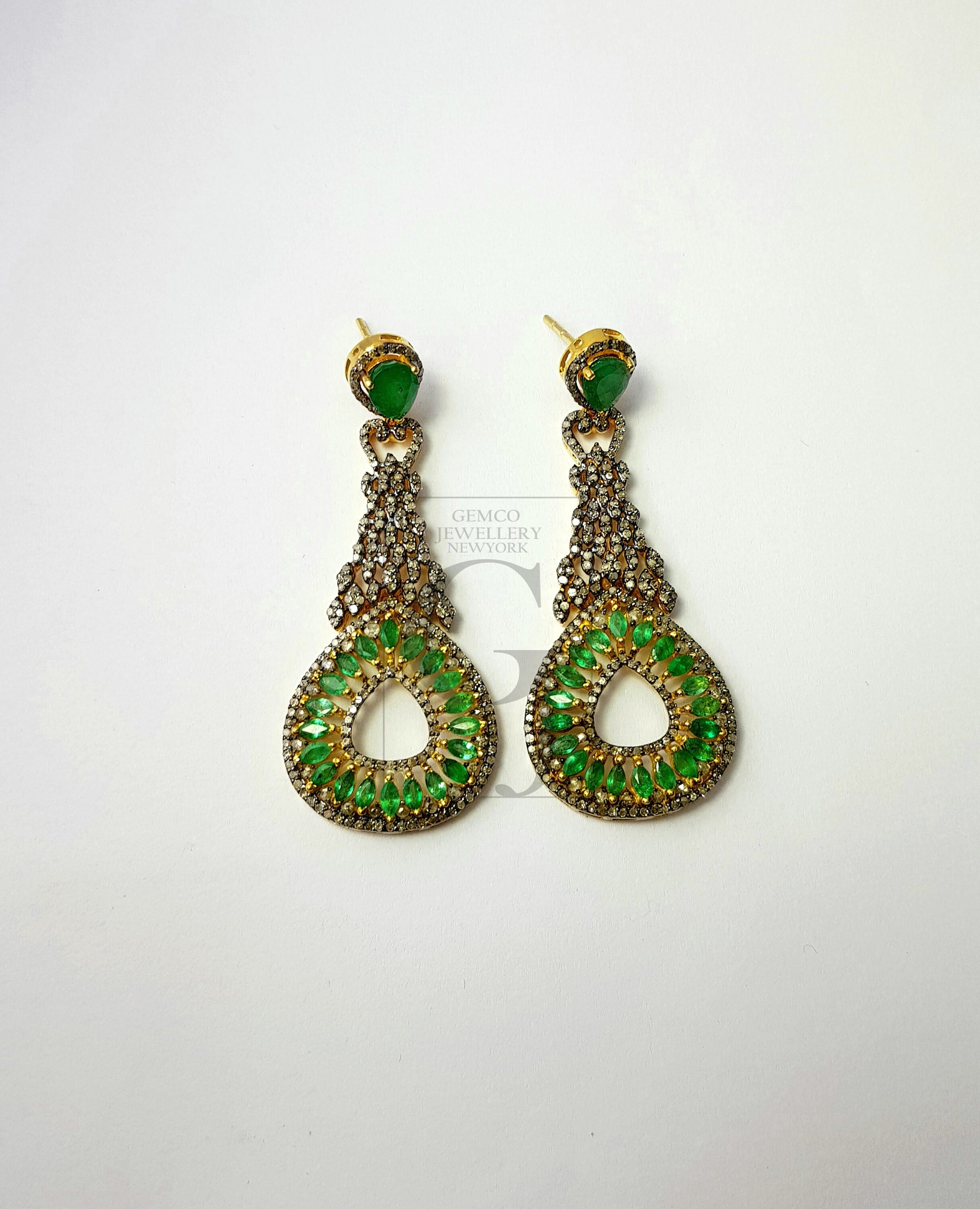 Fashionable natural AAA quality emerald vermail gold designer earring, Rosecut pave diamond 925 sterling silver handmade diamond earring