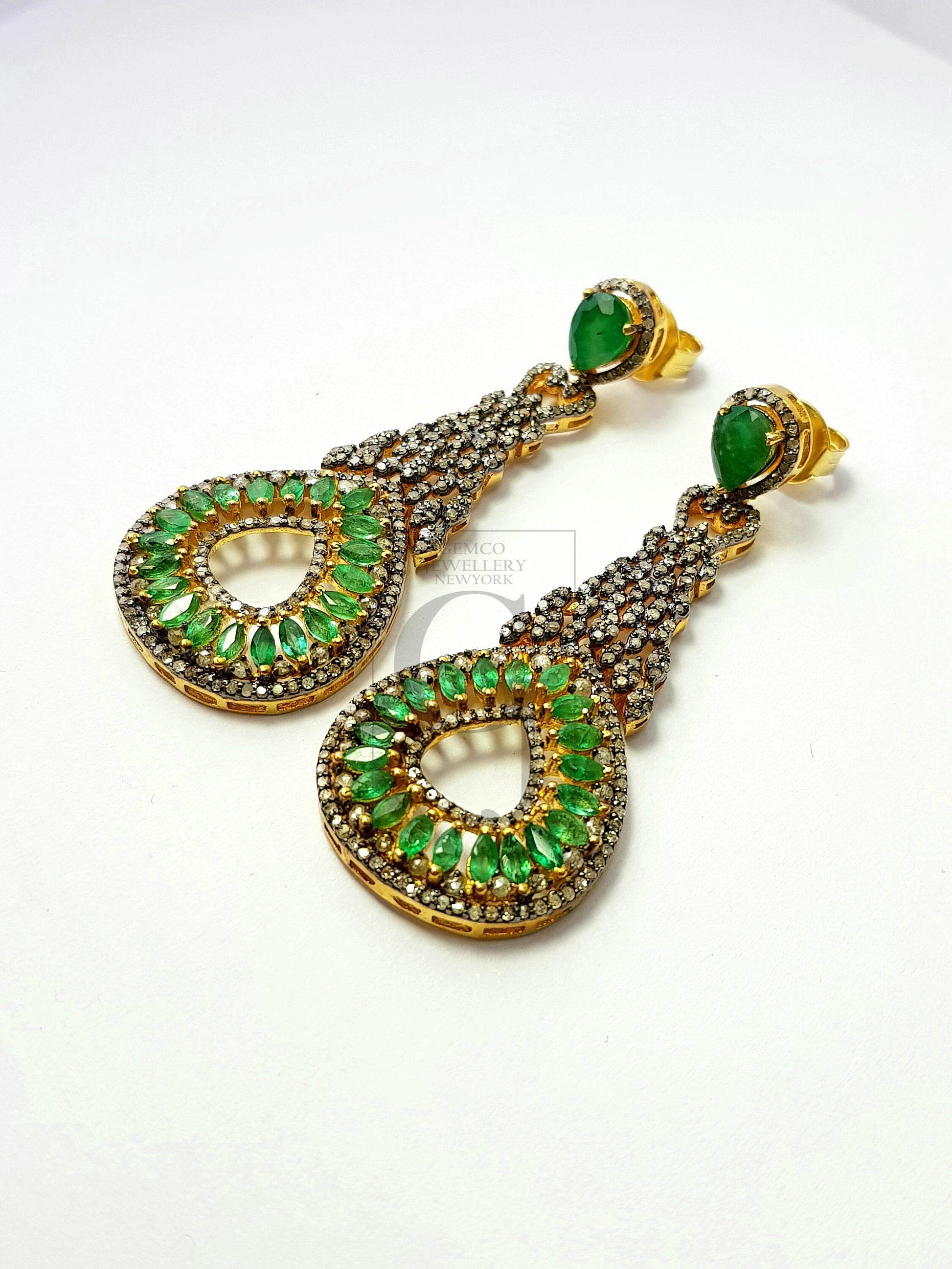 Fashionable natural AAA quality emerald vermail gold designer earring, Rosecut pave diamond 925 sterling silver handmade diamond earring