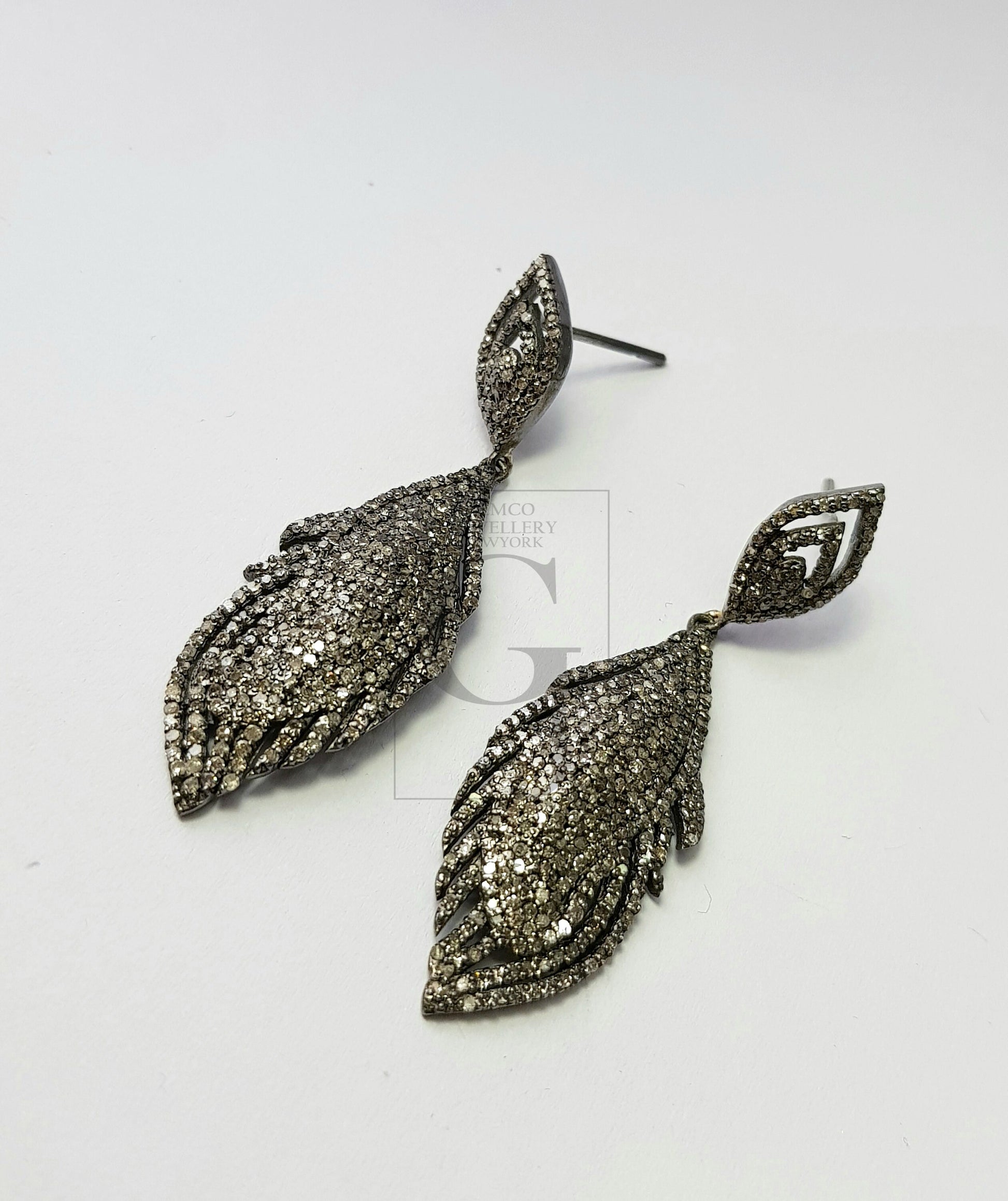 Very beautiful feather design Rosecut pave diamond earrings 925 sterling silver handmade silver finish diamond earrings