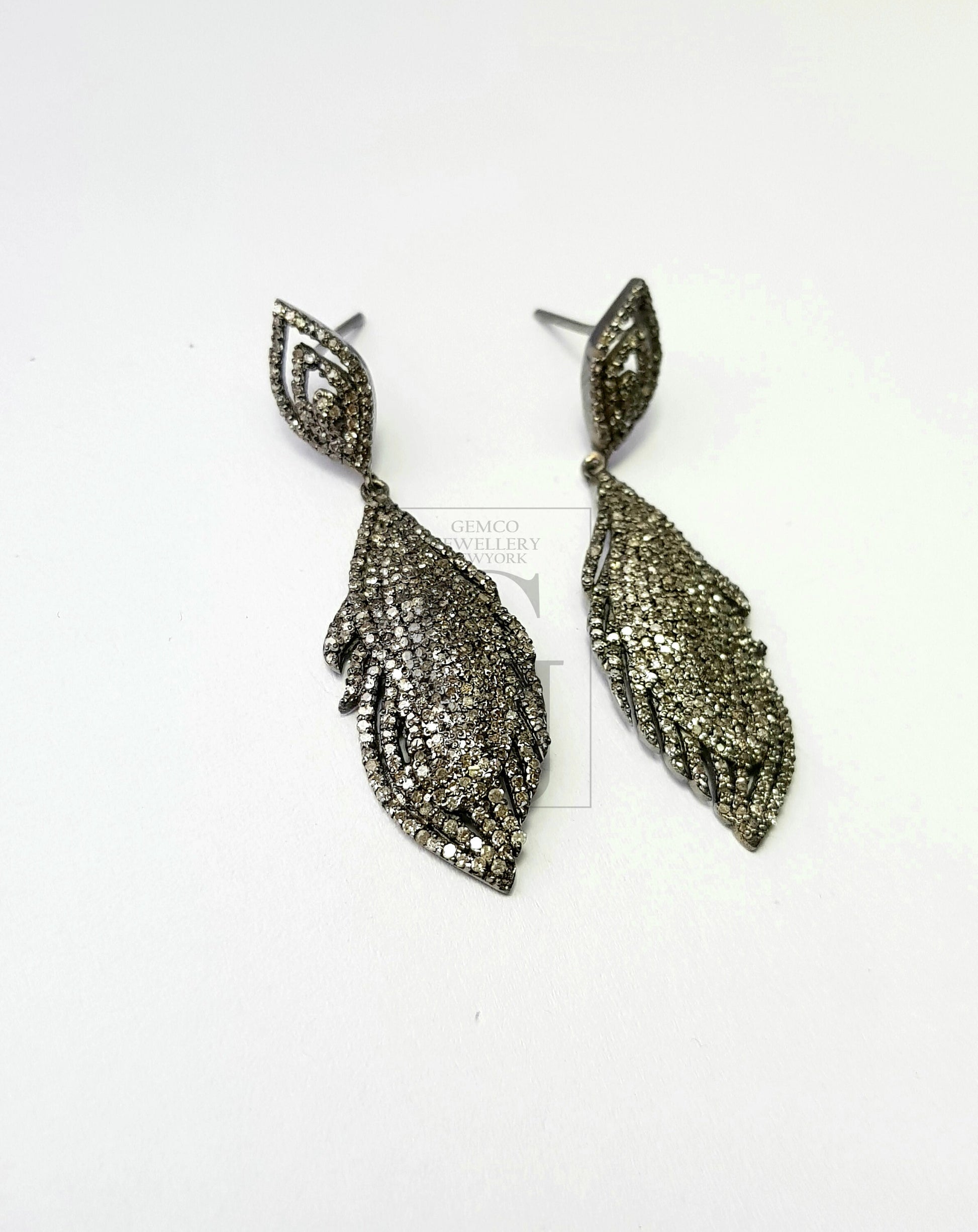 Very beautiful feather design Rosecut pave diamond earrings 925 sterling silver handmade silver finish diamond earrings