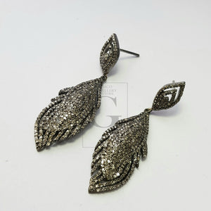 Very beautiful feather design Rosecut pave diamond earrings 925 sterling silver handmade silver finish diamond earrings