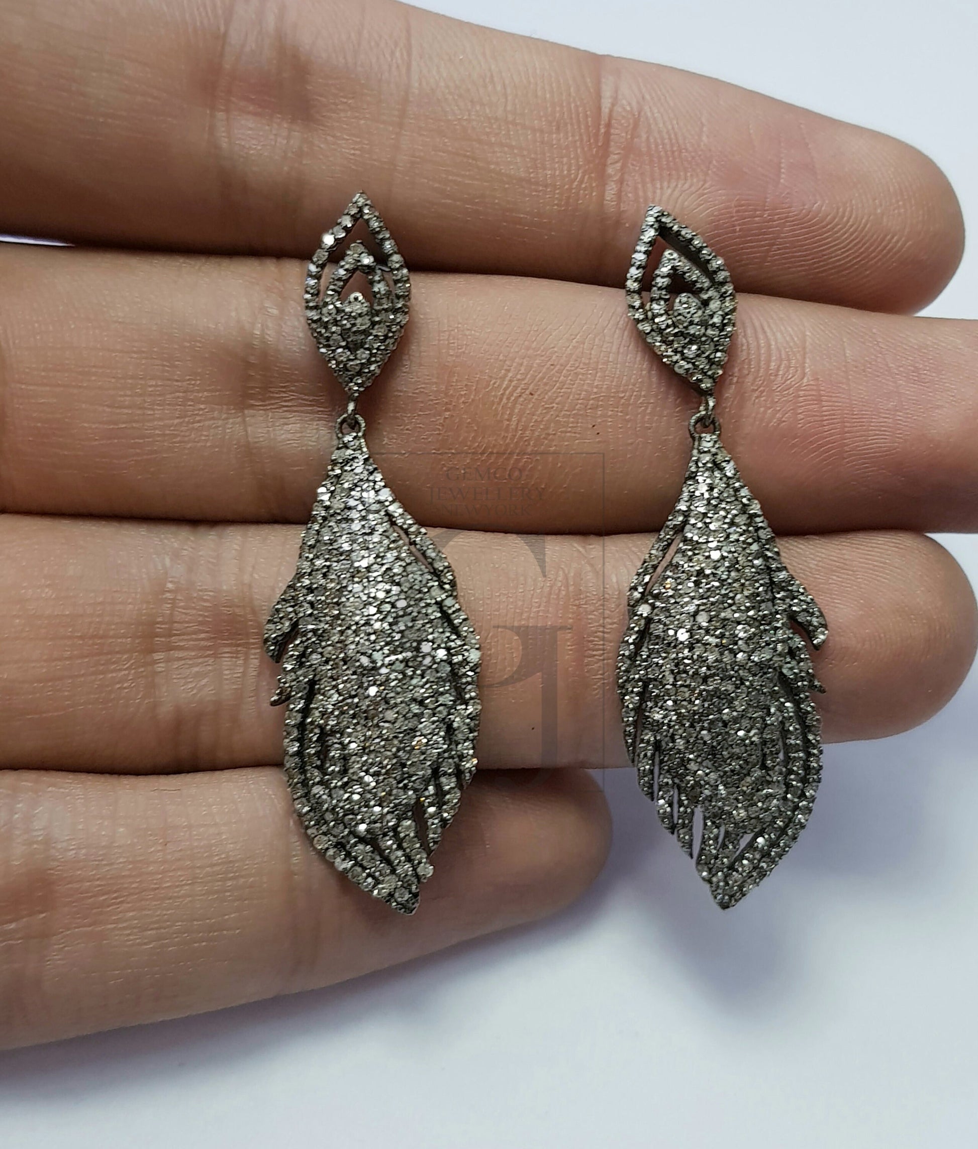 Very beautiful feather design Rosecut pave diamond earrings 925 sterling silver handmade silver finish diamond earrings