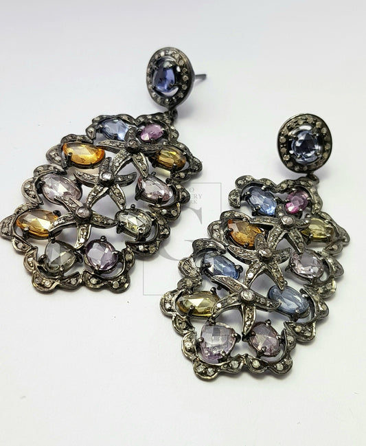 Beautiful Multi Coloured Sapphire Designer One Of A Kind Rosecut Pave Diamond 925 Sterling Silver Handmade Silver Finish Diamond Earrings