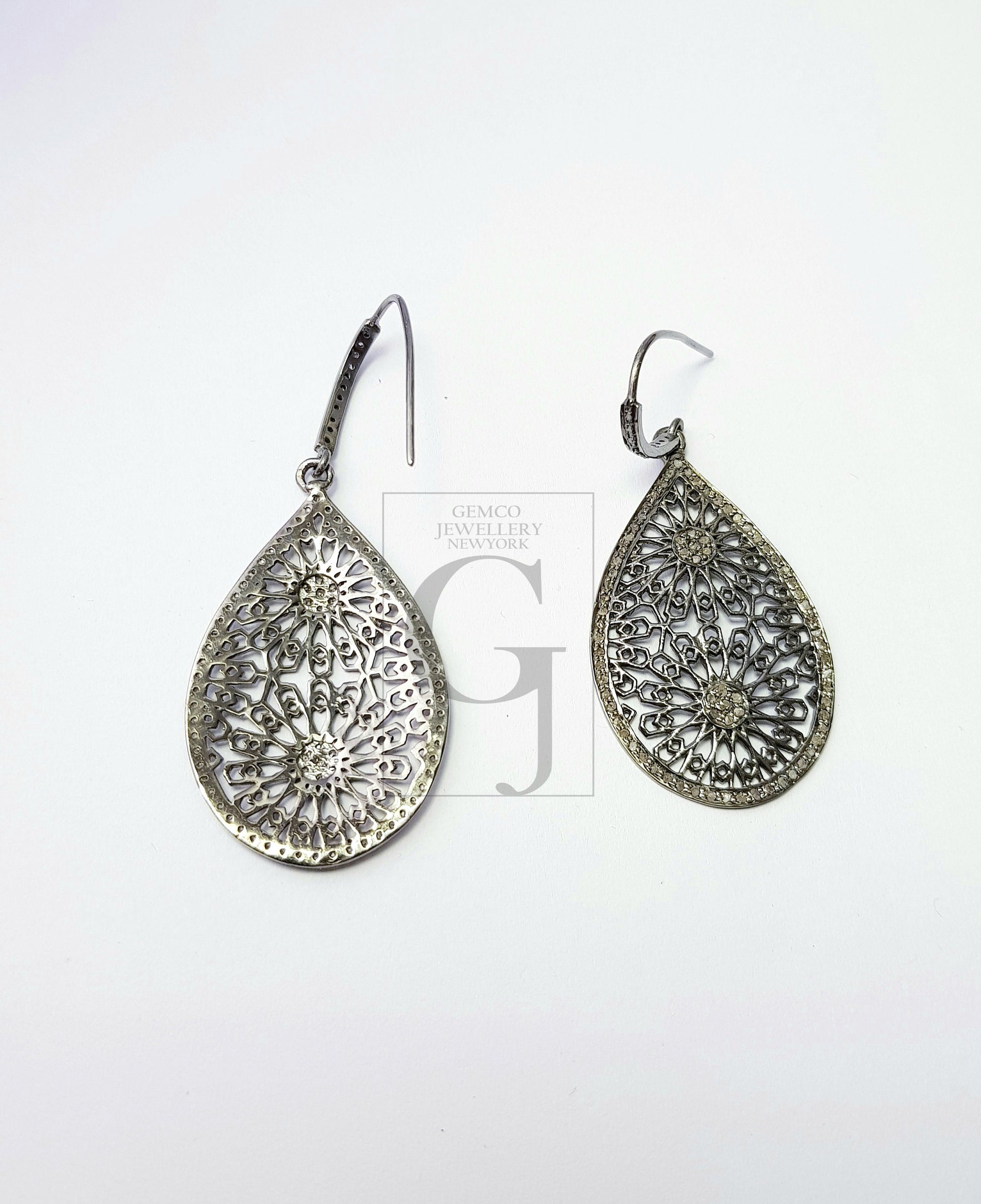 Very beautiful teardrop antique look designer Rosecut pave diamond earrings 925 sterling silver handmade silver finish diamond earrings