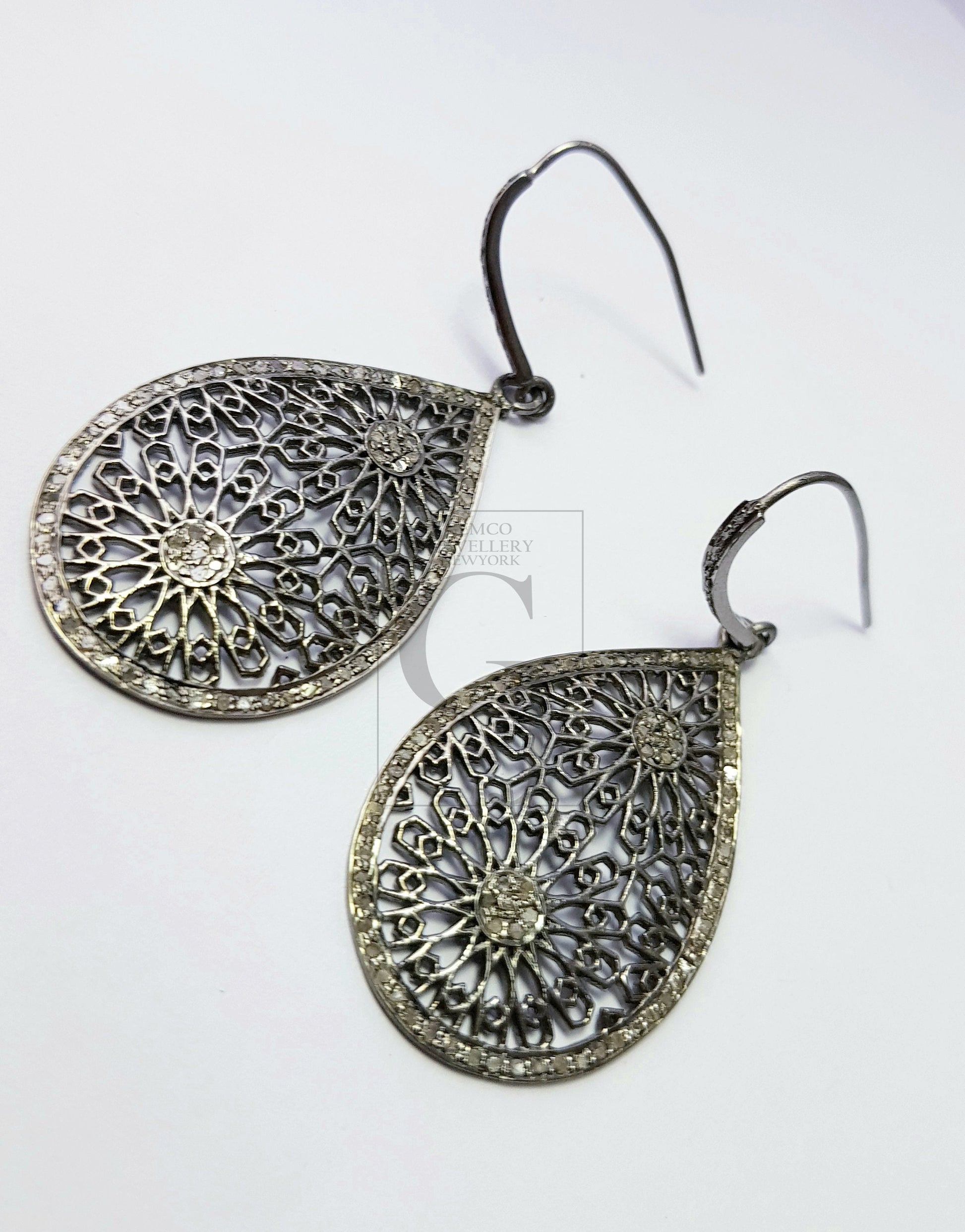 Very beautiful teardrop antique look designer Rosecut pave diamond earrings 925 sterling silver handmade silver finish diamond earrings