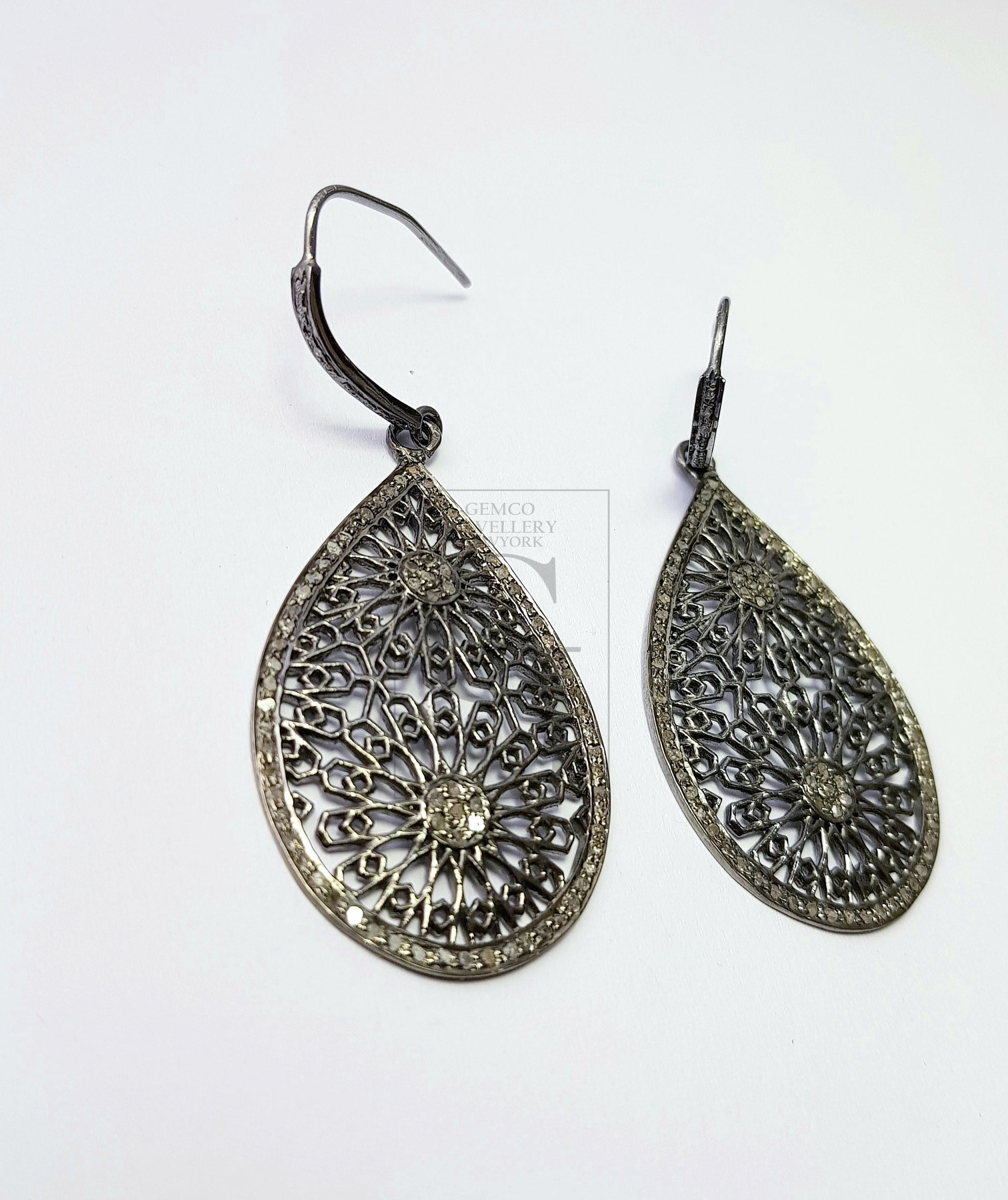 Very beautiful teardrop antique look designer Rosecut pave diamond earrings 925 sterling silver handmade silver finish diamond earrings