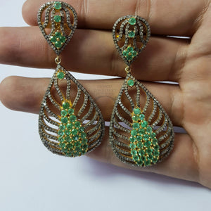 Very beautiful emerald vermail gold designer Rosecut pave diamond earrings 925 sterling silver handmade silver finish diamond earrings