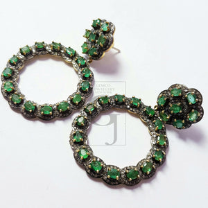 Unique Look Emerald Vermail Gold Designer Earrings Rosecut Pave Diamond Earrings 925 Sterling Silver Handmade Silver Finish Diamond Earrings