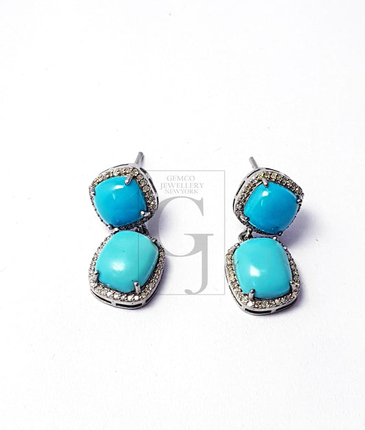 Beautiful Designed Turquoise Stone Pave Rose Cut Diamond 925 Sterling Silver Handmade Pave Diamond Earring Sterling