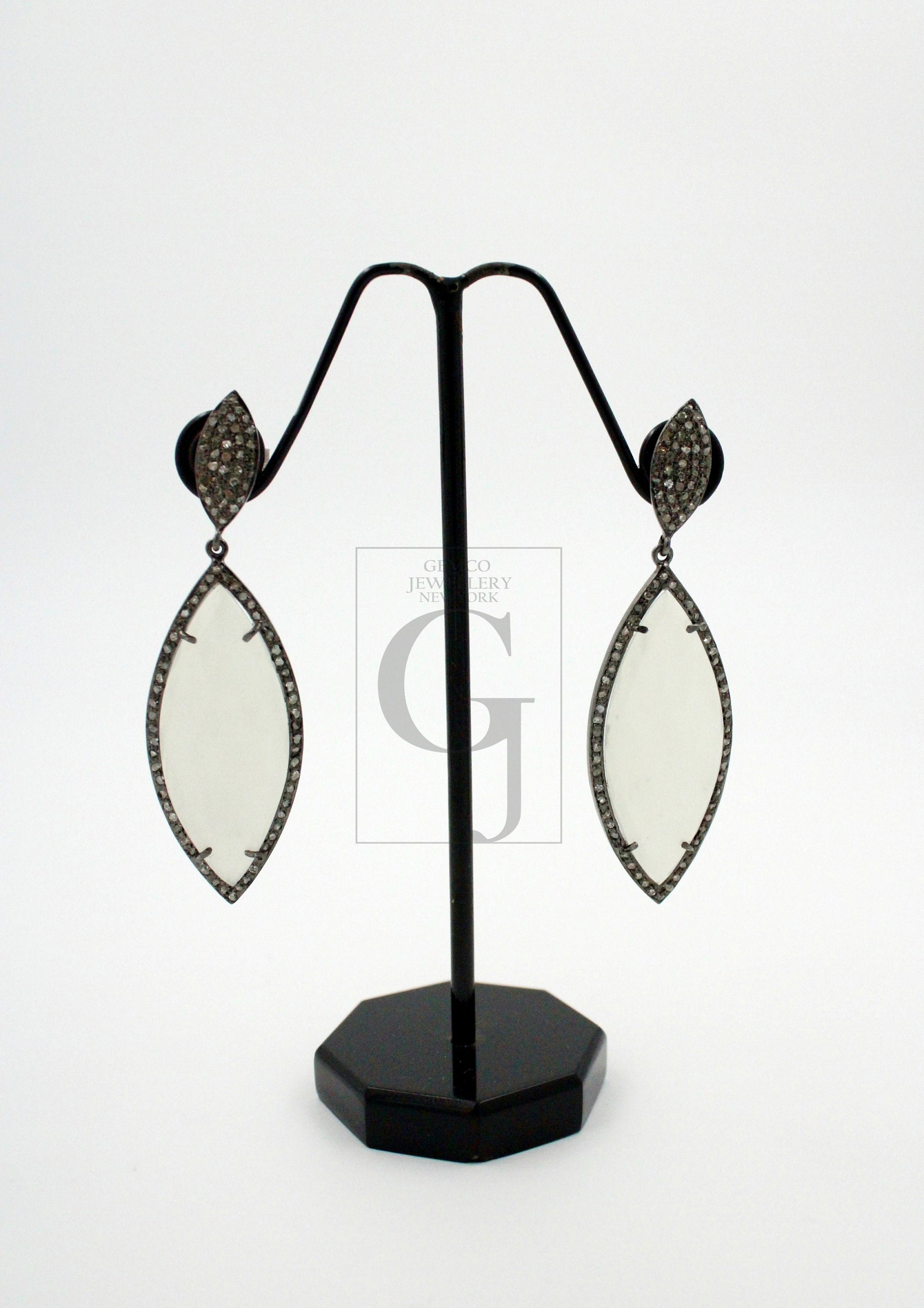 Beautiful Designer Moonstone Designer Rosecut Pave Diamond Earrings 925 Sterling Silver Handmade Silver Finish Diamond Earrings