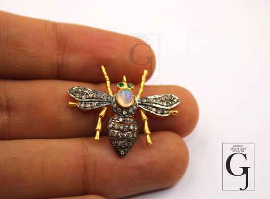 Very beautiful opal designer bee pendant Rosecut pave diamond pendant 925 sterling silver handmade finish diamond jewelry necklace pendant
