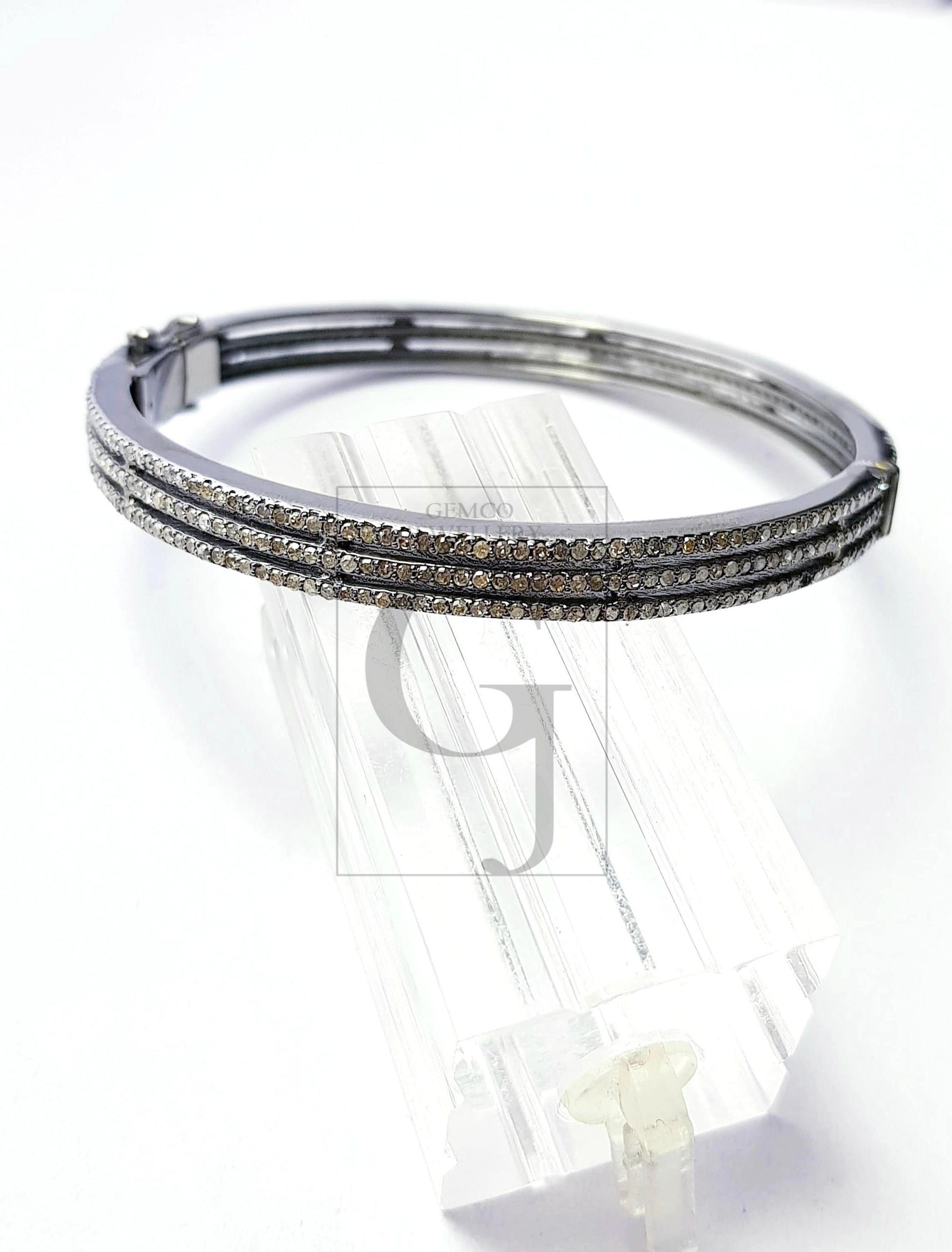 Beautiful Designer Rosecut Pave Diamond Bangle 925 Sterling Silver Handmade Finish 3 Line Diamond Bangle Bracelet